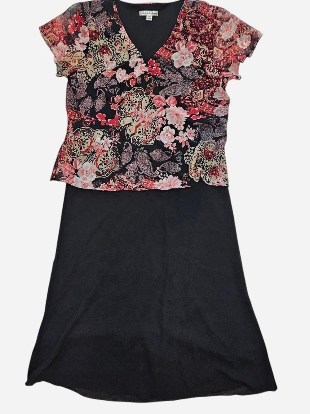 90s Vintage Enfocus Petite Black Maxi Dress with Pink Paisley Mock Top Plus 14